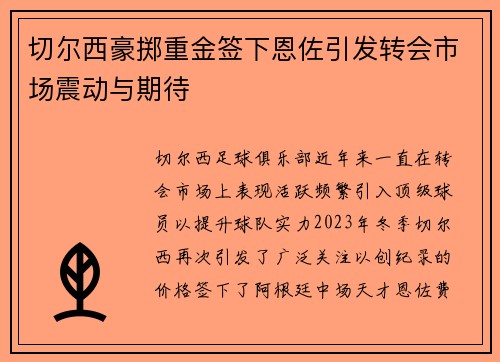 切尔西豪掷重金签下恩佐引发转会市场震动与期待