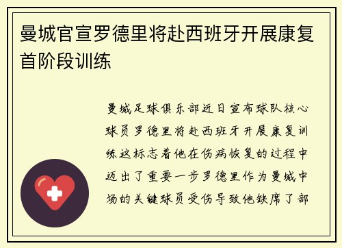 曼城官宣罗德里将赴西班牙开展康复首阶段训练