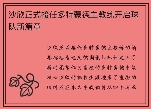 沙欣正式接任多特蒙德主教练开启球队新篇章