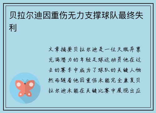 贝拉尔迪因重伤无力支撑球队最终失利