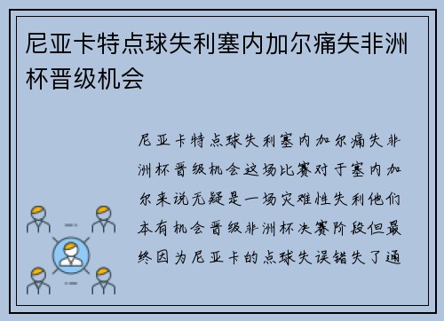 尼亚卡特点球失利塞内加尔痛失非洲杯晋级机会
